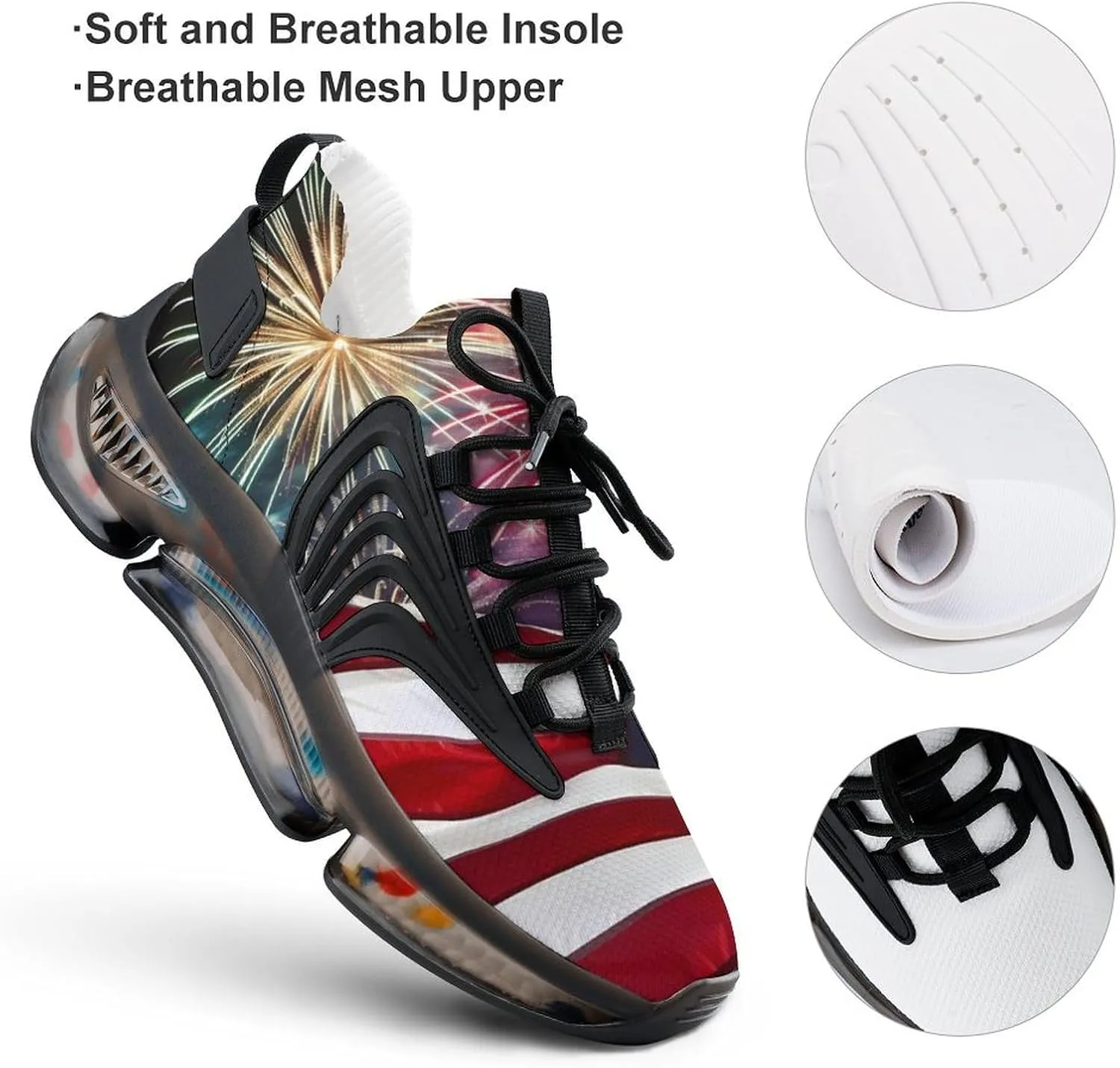 Fireworks American Flag Men's Running Shoes Lightweight Walking Shoe Breathable Sneaker