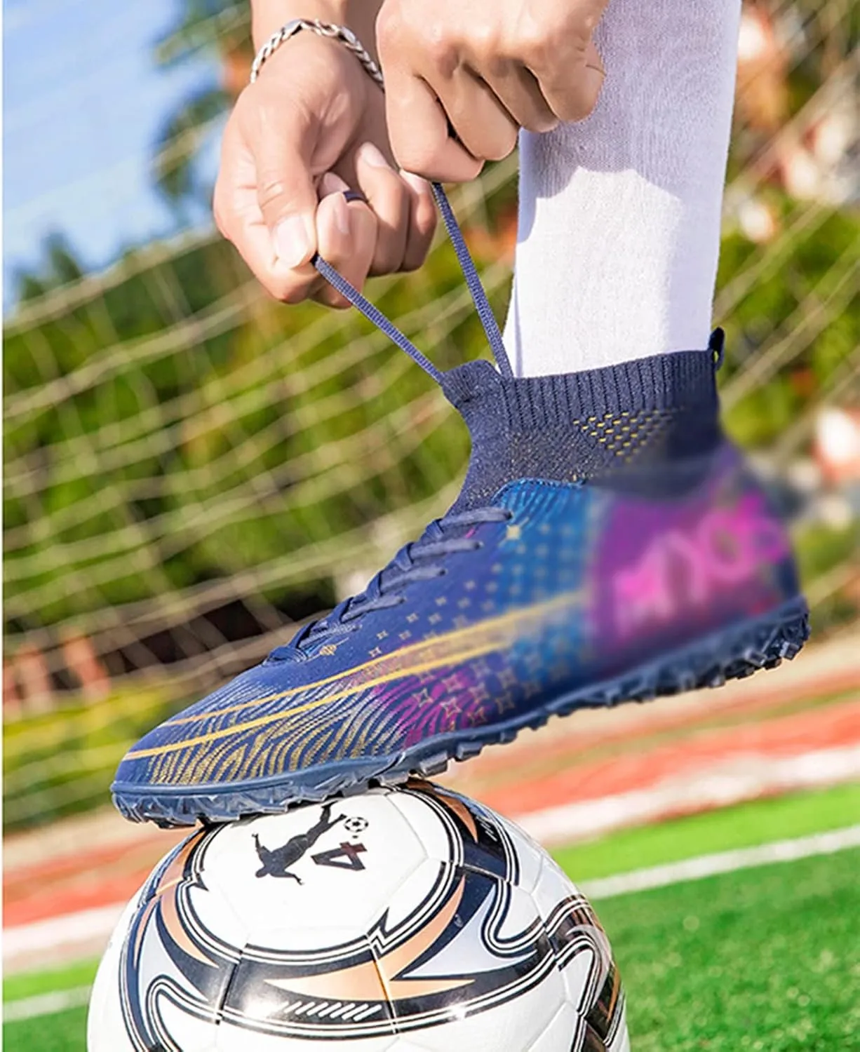 Football Boots Men High Top Spike Soccer Shoes Outdoor Training Football Shoes Sneakers (Color : A, Size : 8.5 Women/7 Men)