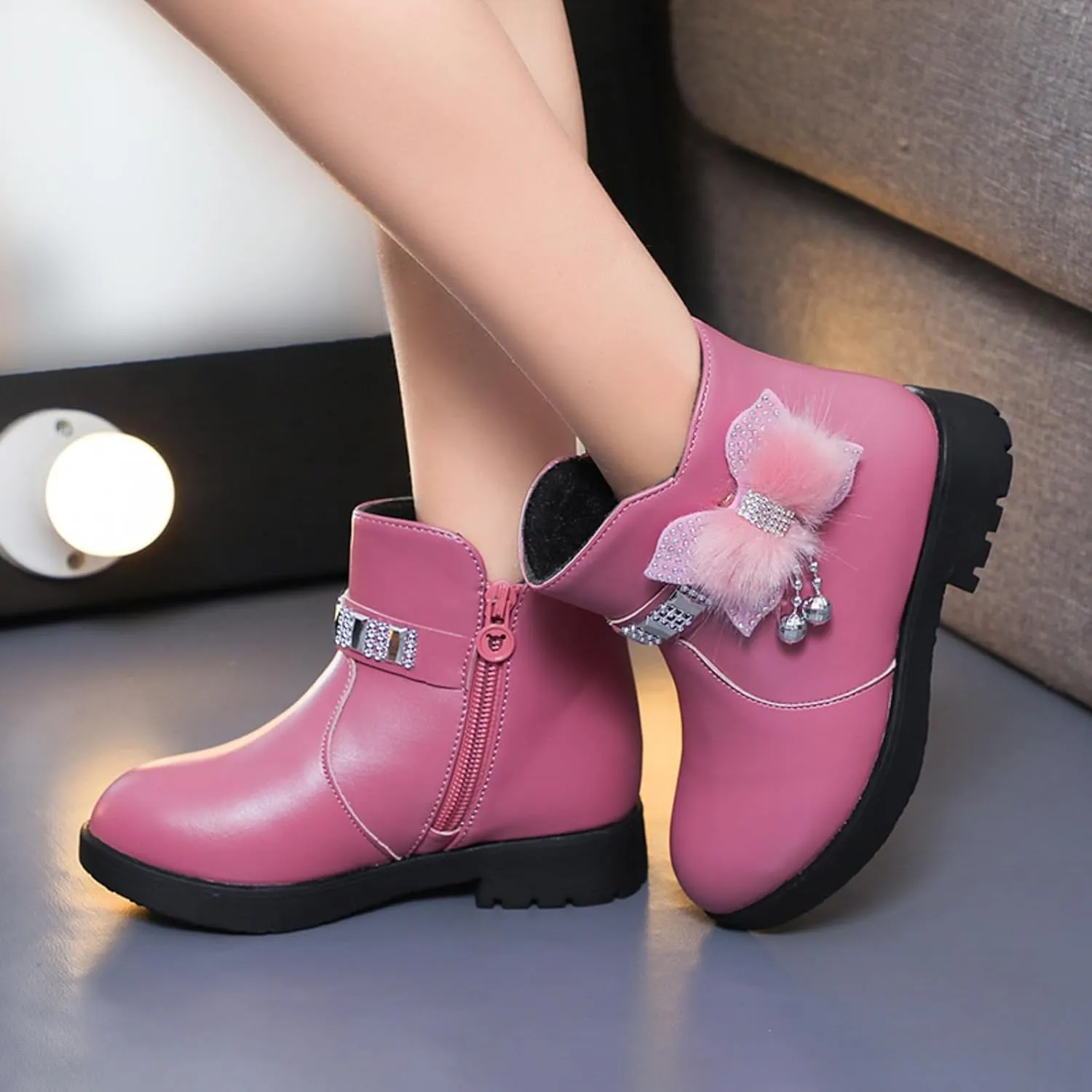 Girls Ankle Boots Kids Ankle Booties Comfortable Slip on Lug Sole Short Booties Side Zipper Bowknot Ankle Boots