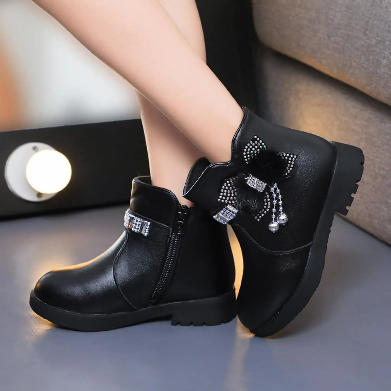 Girls Ankle Boots Kids Ankle Booties Comfortable Slip on Lug Sole Short Booties Side Zipper Bowknot Ankle Boots