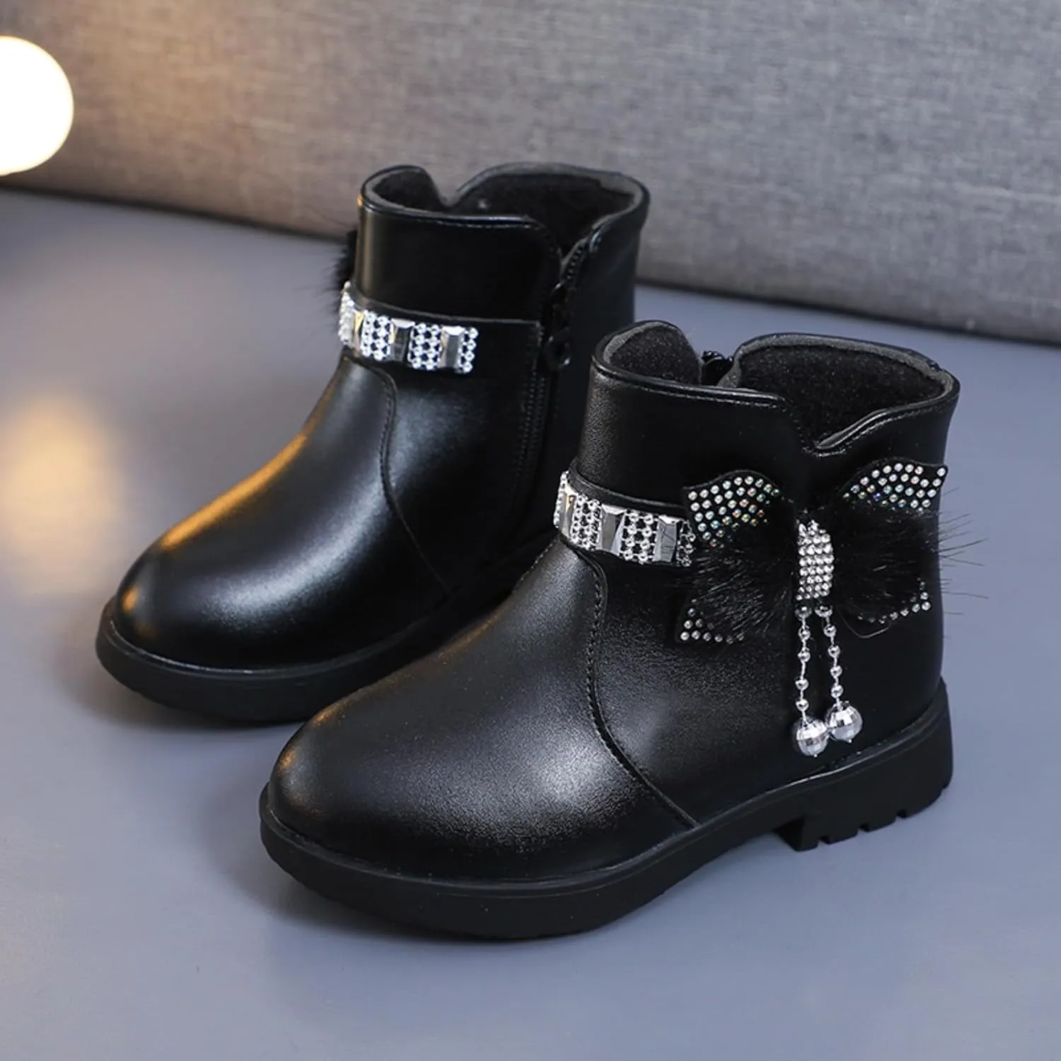 Girls Ankle Boots Kids Ankle Booties Comfortable Slip on Lug Sole Short Booties Side Zipper Bowknot Ankle Boots
