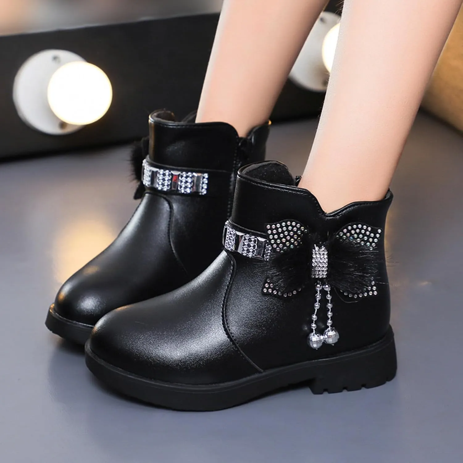 Girls Ankle Boots Kids Ankle Booties Comfortable Slip on Lug Sole Short Booties Side Zipper Bowknot Ankle Boots