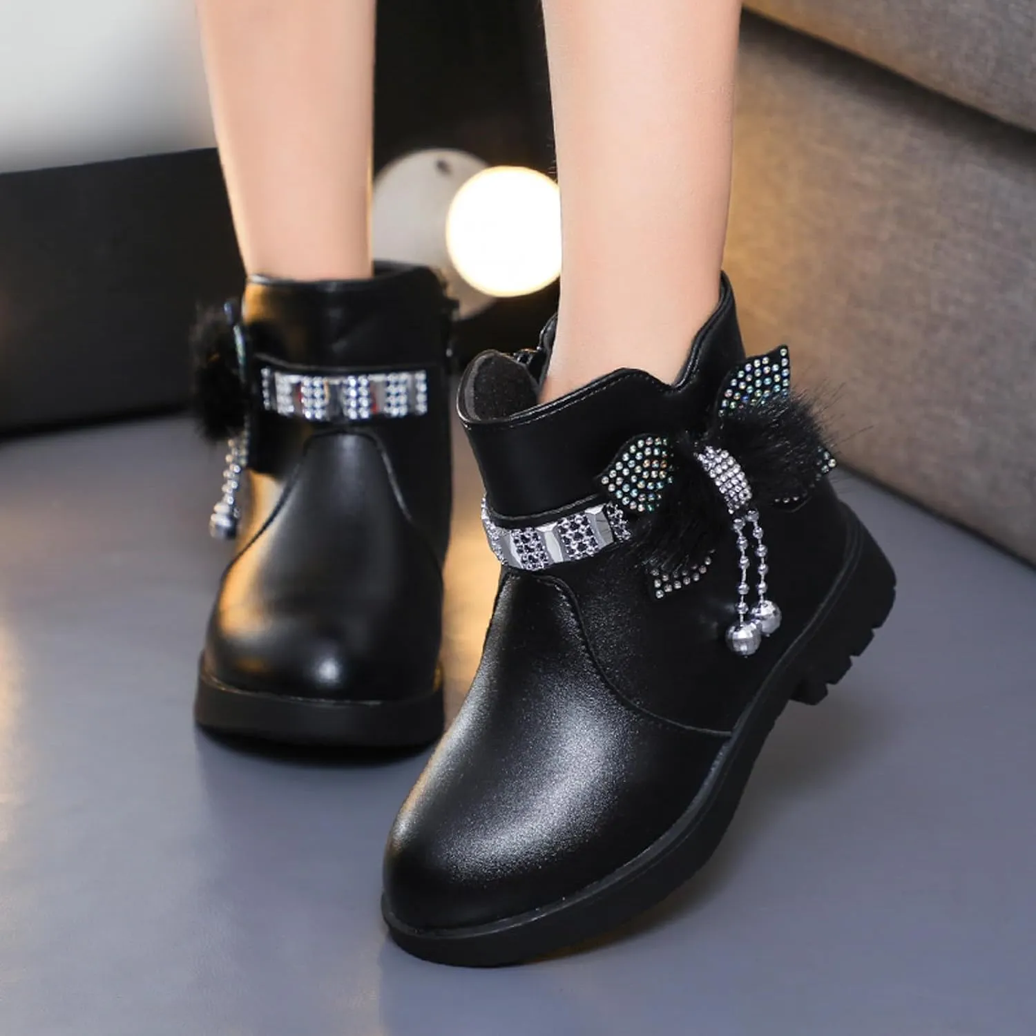 Girls Ankle Boots Kids Ankle Booties Comfortable Slip on Lug Sole Short Booties Side Zipper Bowknot Ankle Boots