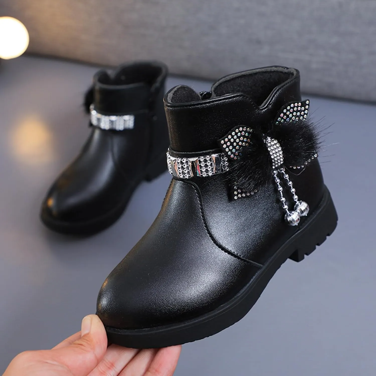 Girls Ankle Boots Kids Ankle Booties Comfortable Slip on Lug Sole Short Booties Side Zipper Bowknot Ankle Boots