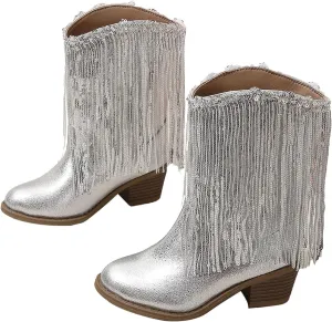 Girl's Cowgirl Boots Cowboy Fringe Western Boots Chunky Heel Tassel Mid Calf Boots Kids Pointed Toe Riding Boots