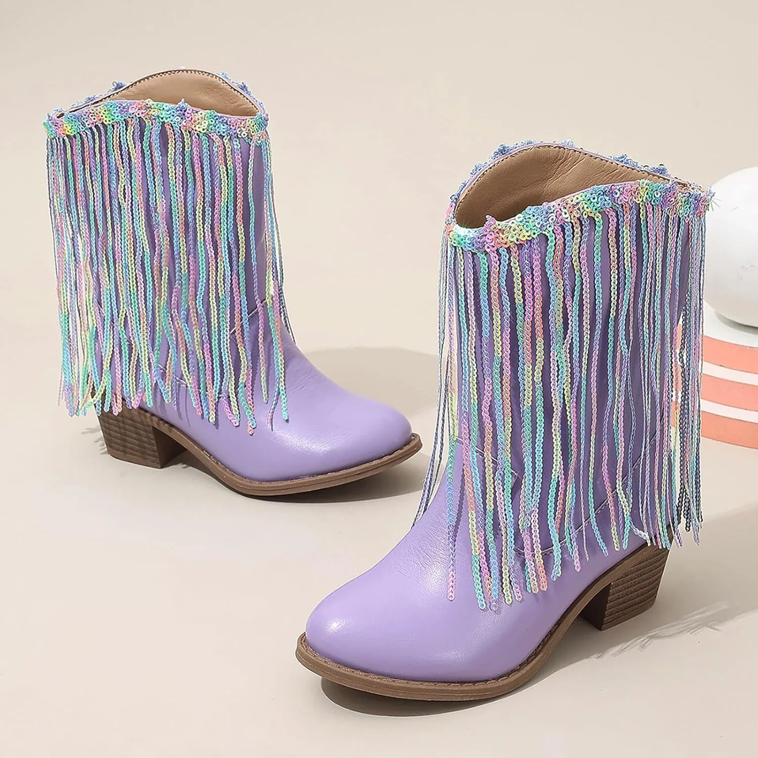 Girl's Cowgirl Boots Cowboy Fringe Western Boots Chunky Heel Tassel Mid Calf Boots Kids Pointed Toe Riding Boots