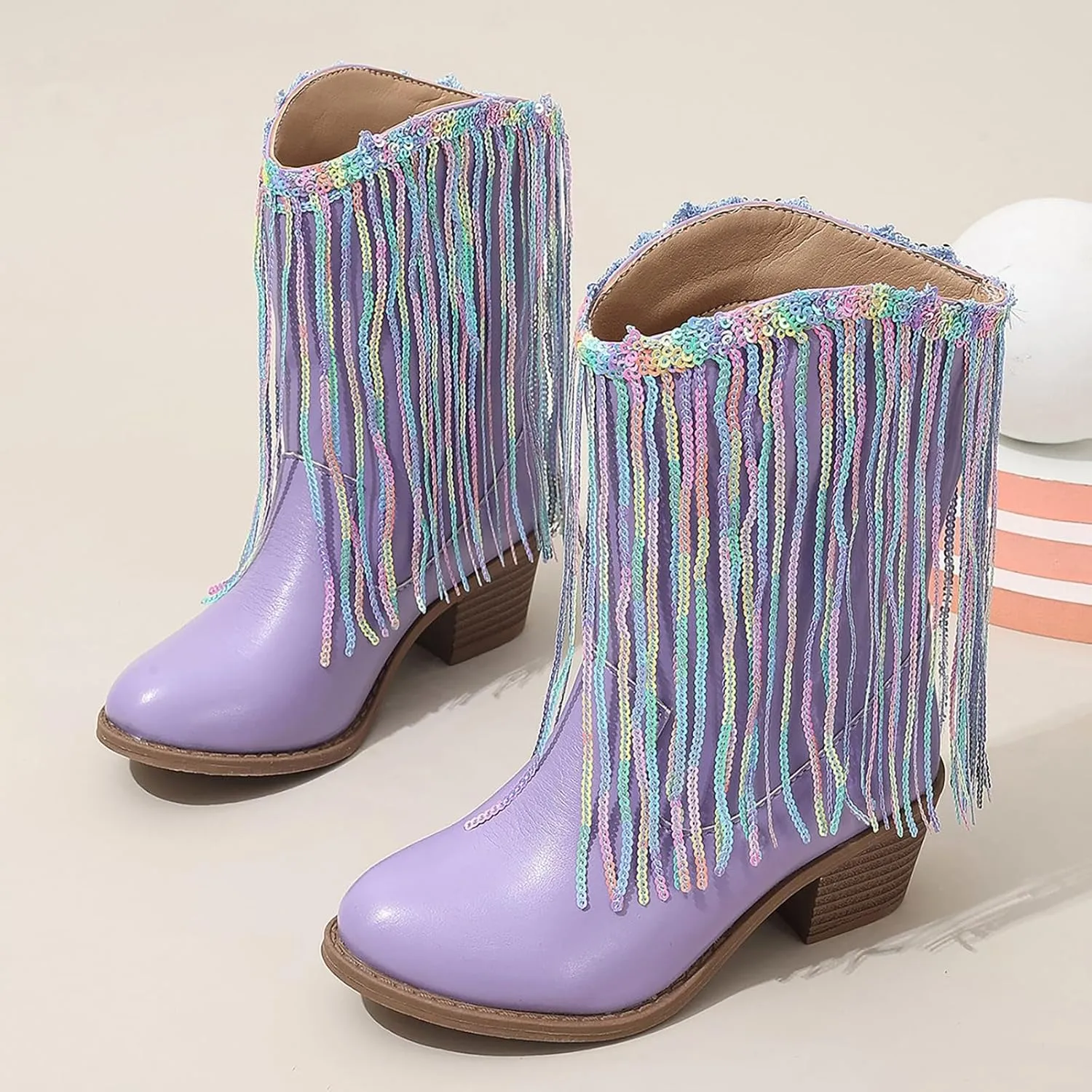 Girl's Cowgirl Boots Cowboy Fringe Western Boots Chunky Heel Tassel Mid Calf Boots Kids Pointed Toe Riding Boots