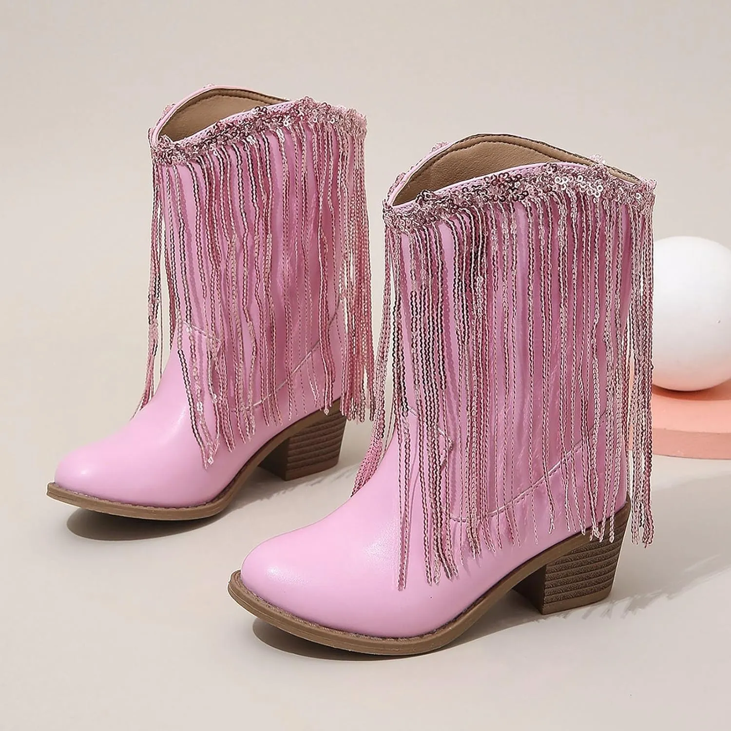 Girl's Cowgirl Boots Cowboy Fringe Western Boots Chunky Heel Tassel Mid Calf Boots Kids Pointed Toe Riding Boots