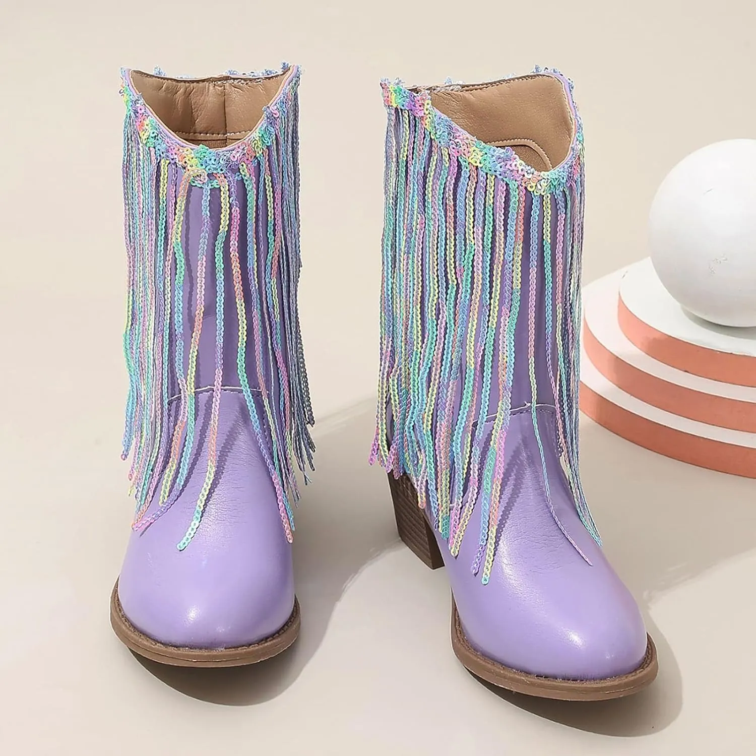 Girl's Cowgirl Boots Cowboy Fringe Western Boots Chunky Heel Tassel Mid Calf Boots Kids Pointed Toe Riding Boots