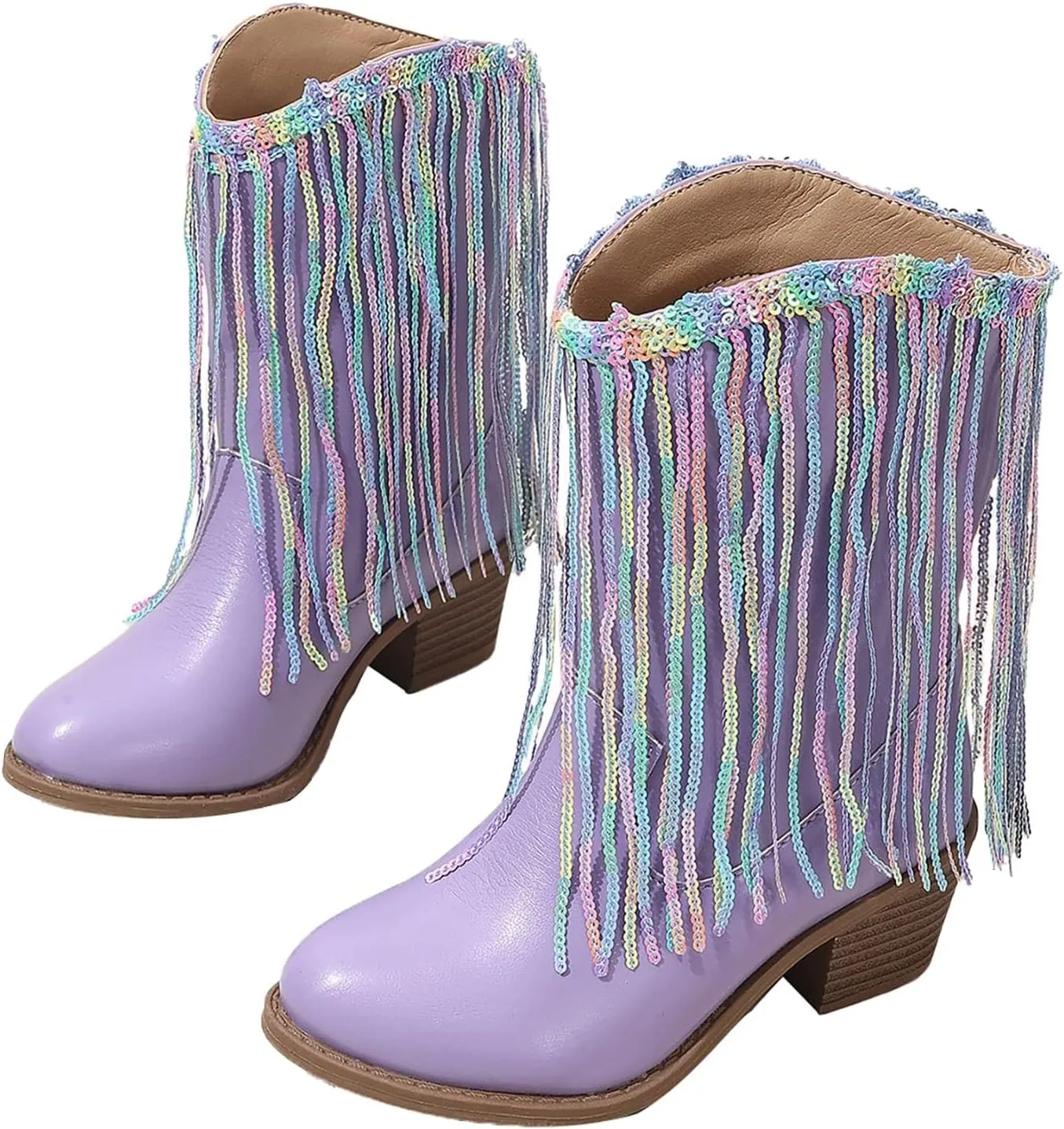 Girl's Cowgirl Boots Cowboy Fringe Western Boots Chunky Heel Tassel Mid Calf Boots Kids Pointed Toe Riding Boots