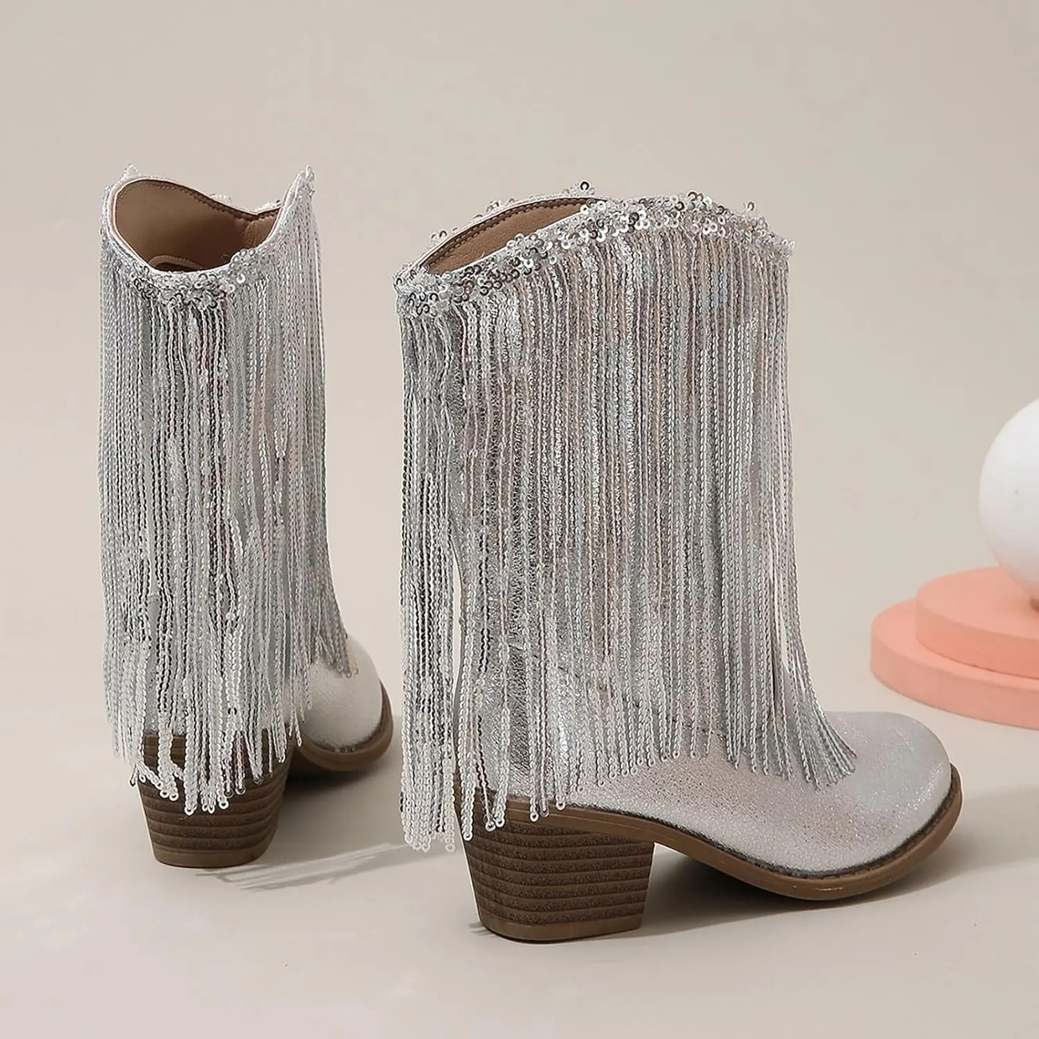 Girl's Cowgirl Boots Cowboy Fringe Western Boots Chunky Heel Tassel Mid Calf Boots Kids Pointed Toe Riding Boots