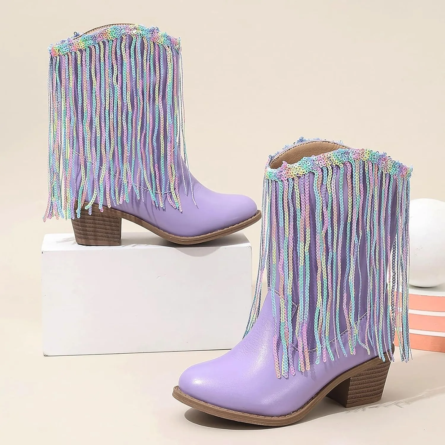 Girl's Cowgirl Boots Cowboy Fringe Western Boots Chunky Heel Tassel Mid Calf Boots Kids Pointed Toe Riding Boots
