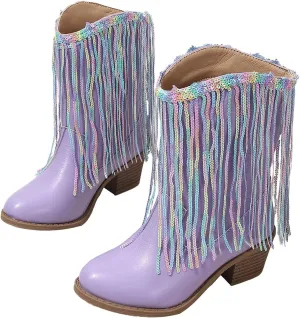 Girl's Cowgirl Boots Cowboy Fringe Western Boots Chunky Heel Tassel Mid Calf Boots Kids Pointed Toe Riding Boots