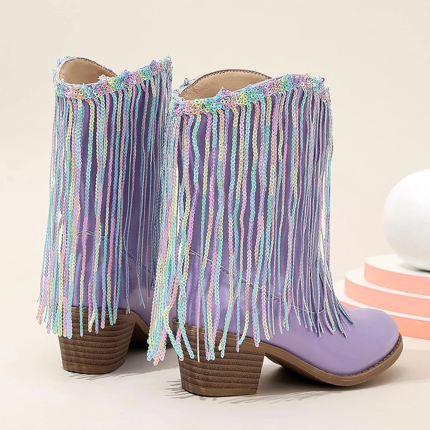 Girl's Cowgirl Boots Cowboy Fringe Western Boots Chunky Heel Tassel Mid Calf Boots Kids Pointed Toe Riding Boots