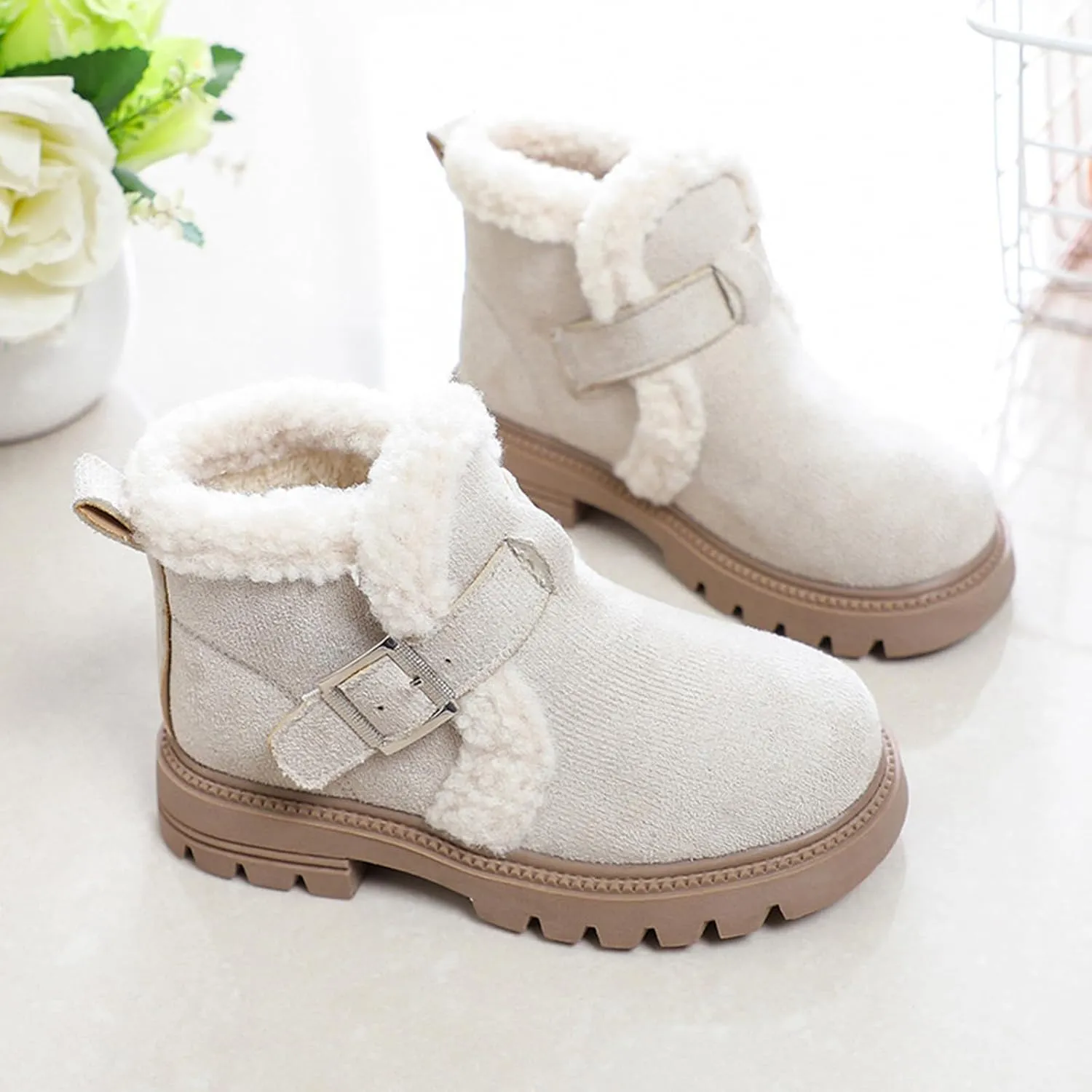 Girls Winter Boots Waterproof Hiking Boots for Boys Girls Outdoor Ankle Boots with Hook and Loop Cotton Warm Snow Boots