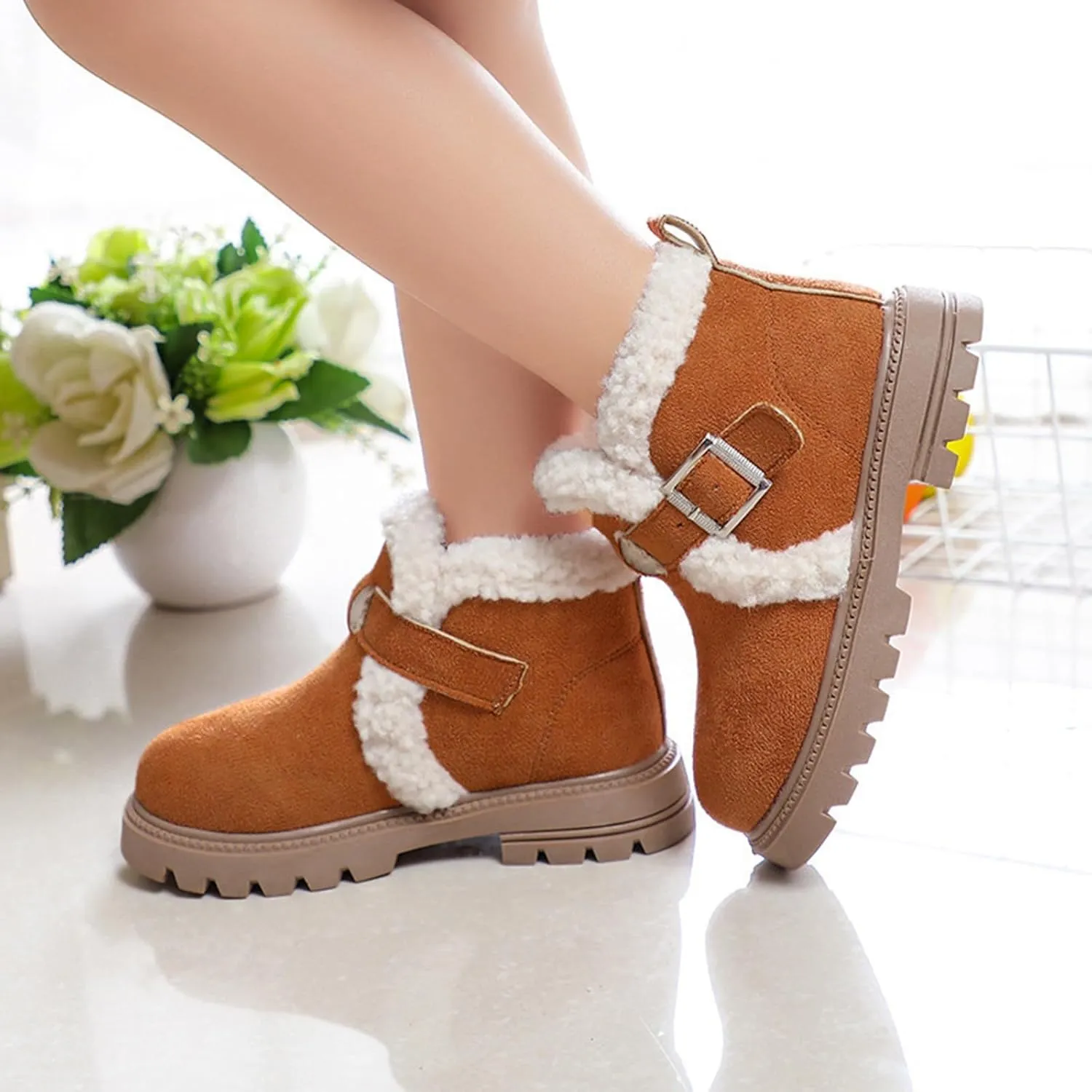 Girls Winter Boots Waterproof Hiking Boots for Boys Girls Outdoor Ankle Boots with Hook and Loop Cotton Warm Snow Boots