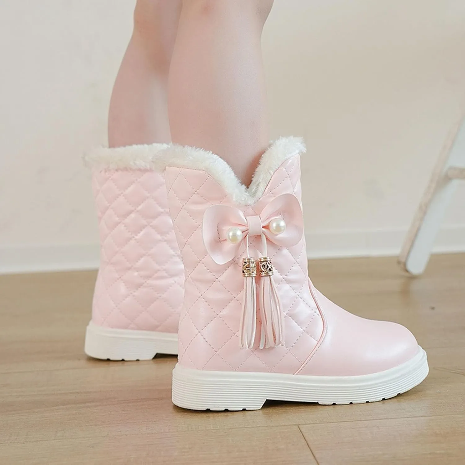 Girls Winter Snow Boots Faux Fur Lined Slip on Ankle Booties Mid Calf Non-Slip Outdoor Walking Shoes Little/Big Kids