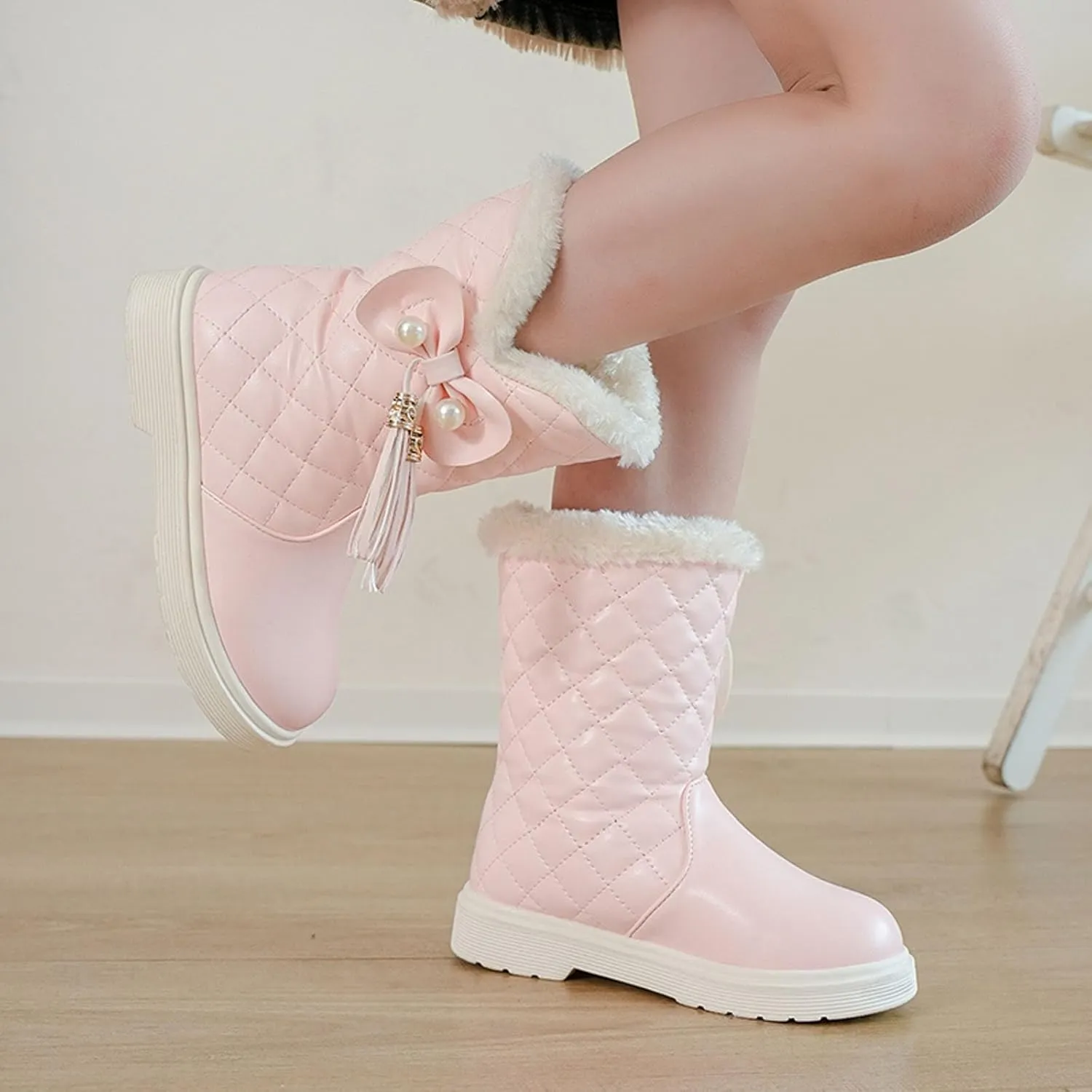 Girls Winter Snow Boots Faux Fur Lined Slip on Ankle Booties Mid Calf Non-Slip Outdoor Walking Shoes Little/Big Kids