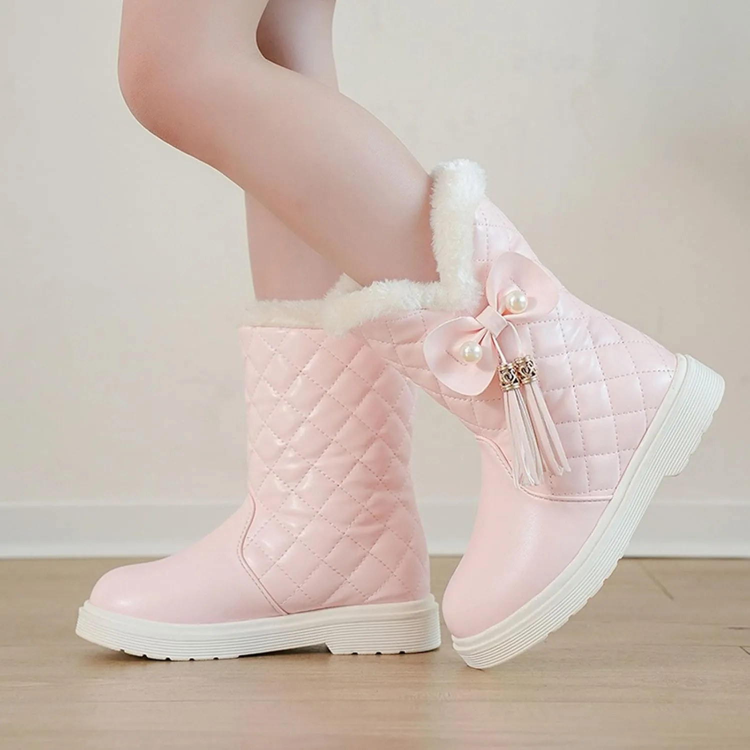 Girls Winter Snow Boots Faux Fur Lined Slip on Ankle Booties Mid Calf Non-Slip Outdoor Walking Shoes Little/Big Kids