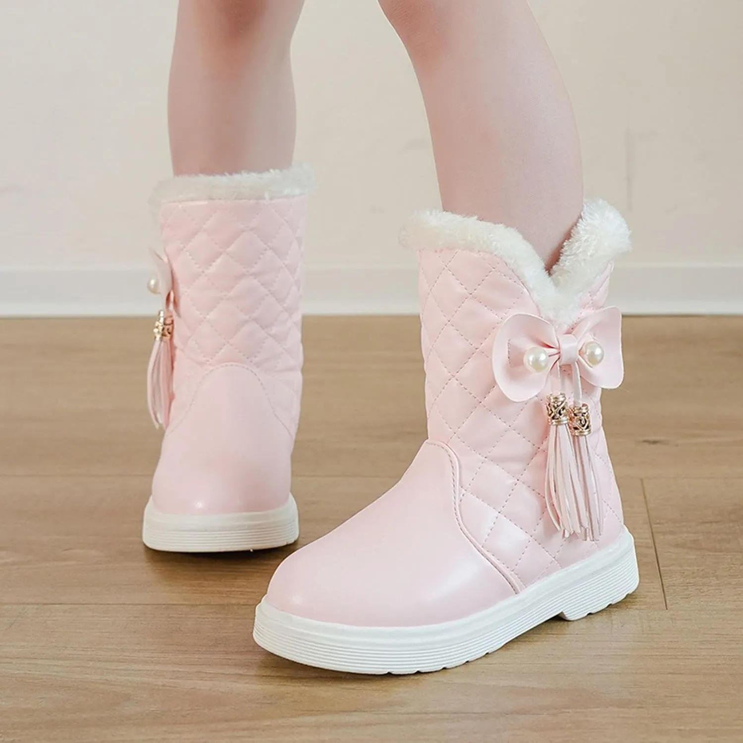 Girls Winter Snow Boots Faux Fur Lined Slip on Ankle Booties Mid Calf Non-Slip Outdoor Walking Shoes Little/Big Kids