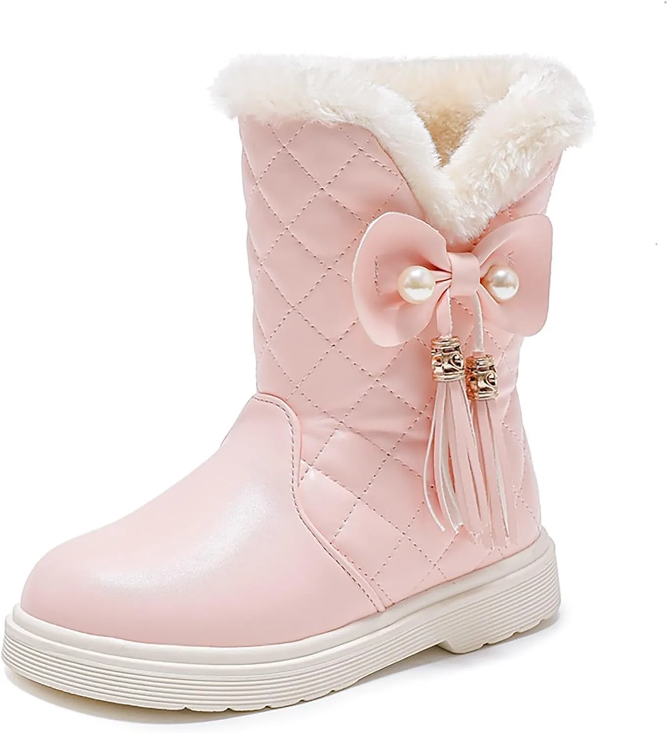 Girls Winter Snow Boots Faux Fur Lined Slip on Ankle Booties Mid Calf Non-Slip Outdoor Walking Shoes Little/Big Kids
