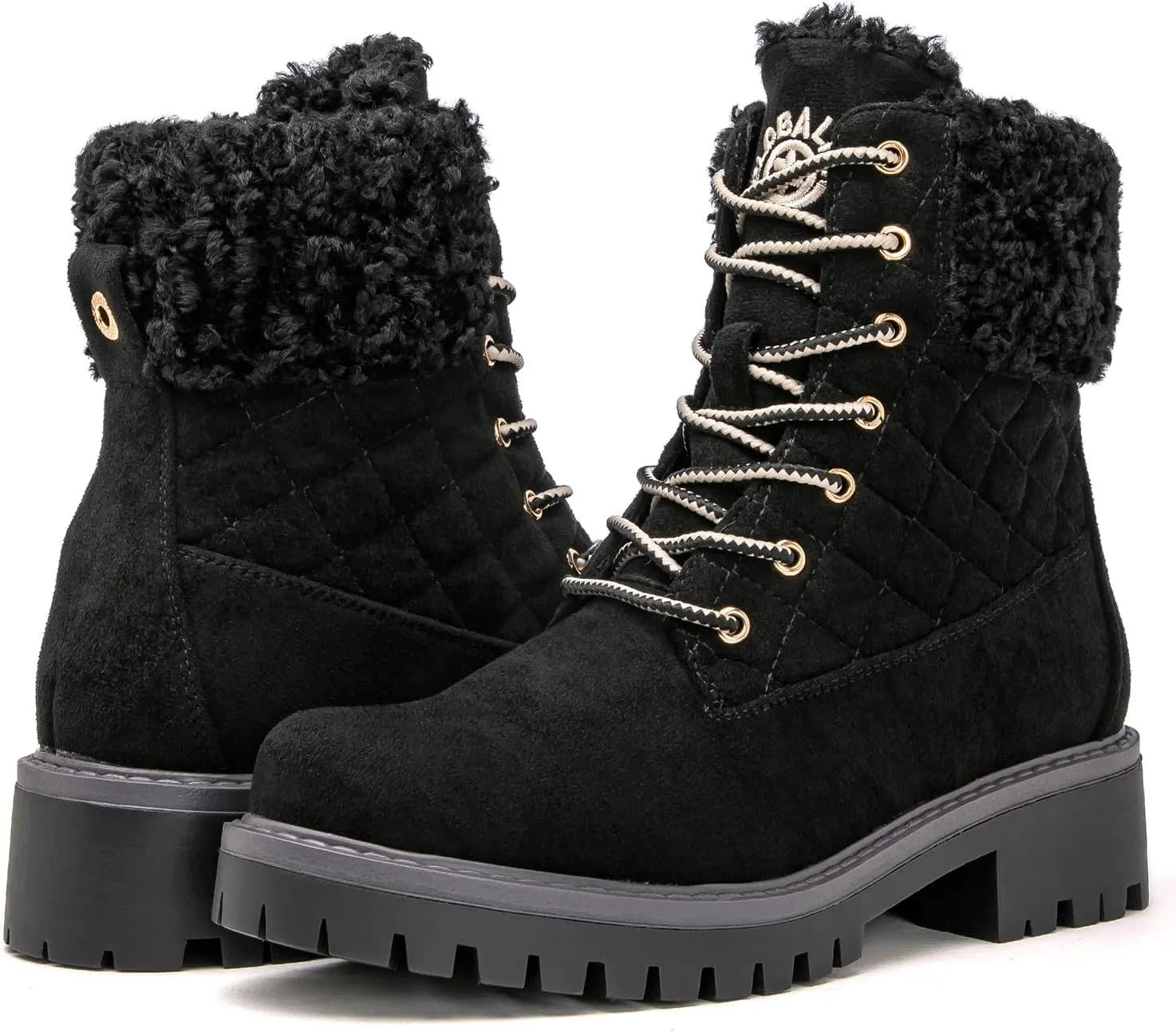 GLOBALWIN Women's Quilted Ankle Boots Fashion Combat Boots Lace Up Combat Boots Low Heel Warm Fur Ankle Booties For Women