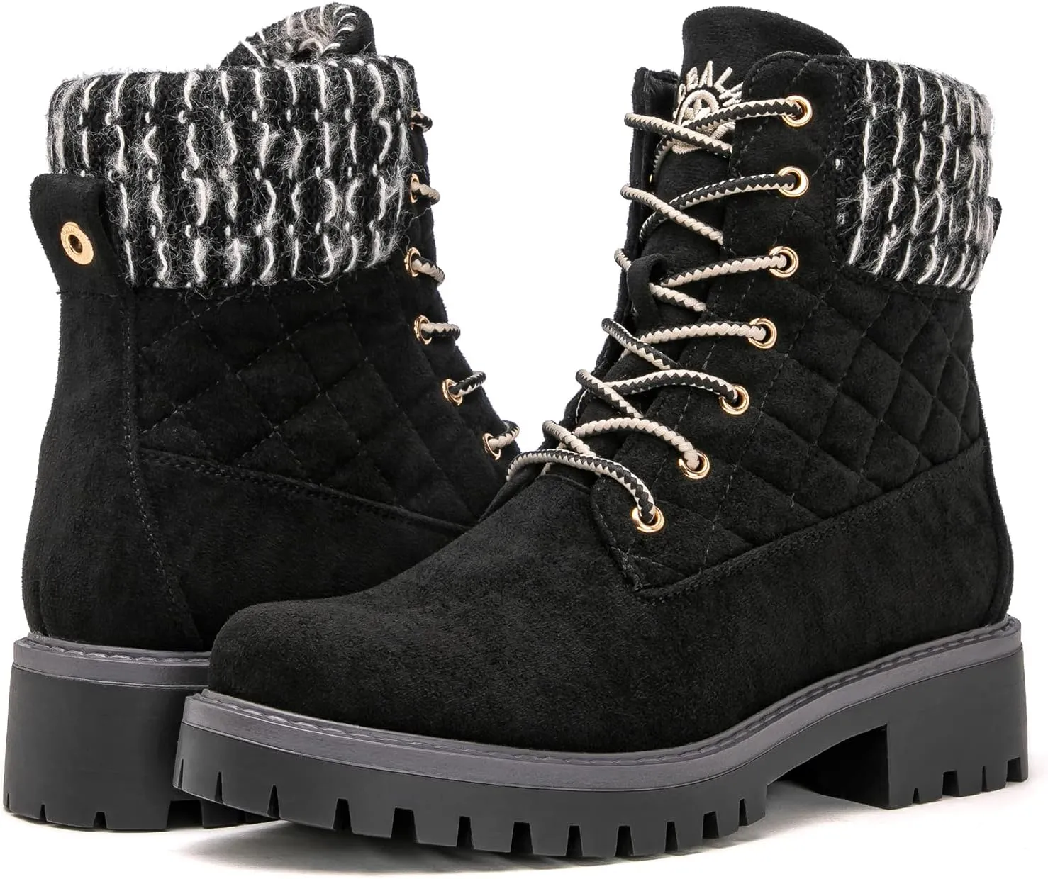 GLOBALWIN Women's Quilted Ankle Boots Fashion Combat Boots Lace Up Combat Boots Low Heel Warm Fur Ankle Booties For Women