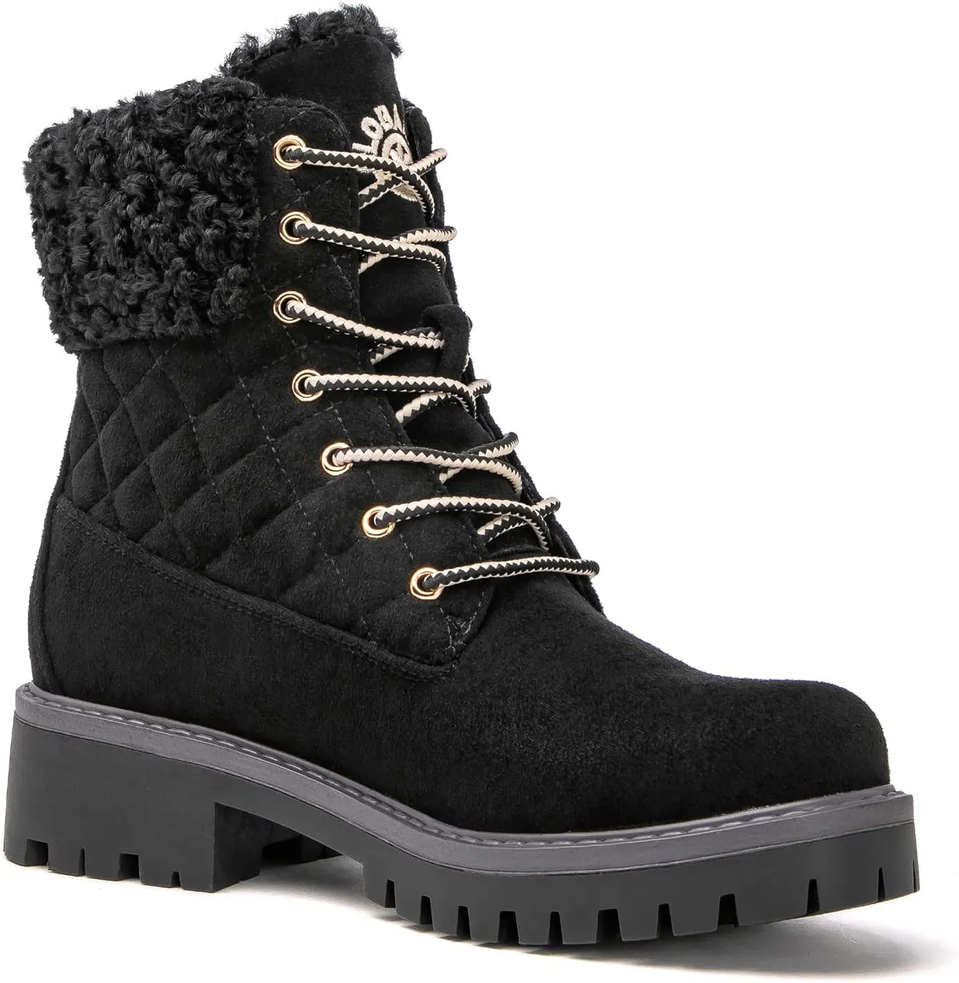 GLOBALWIN Women's Quilted Ankle Boots Fashion Combat Boots Lace Up Combat Boots Low Heel Warm Fur Ankle Booties For Women