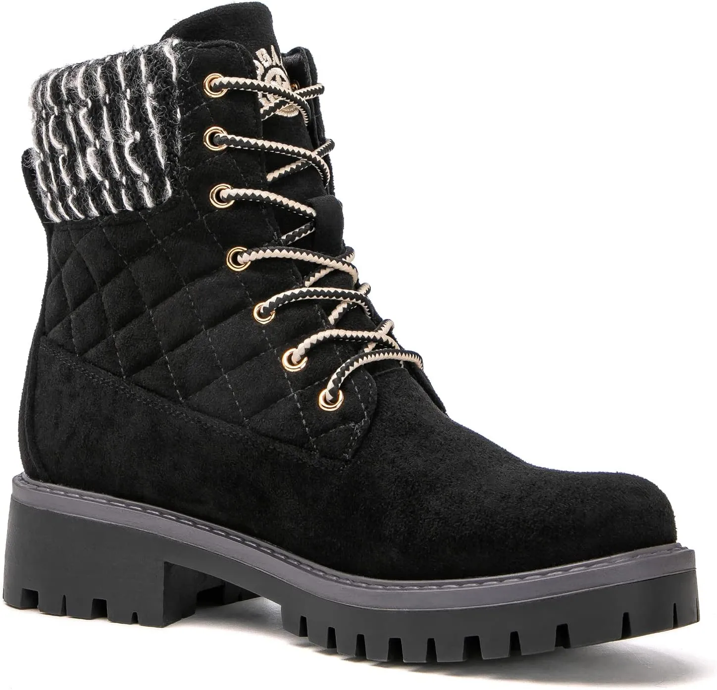 GLOBALWIN Women's Quilted Ankle Boots Fashion Combat Boots Lace Up Combat Boots Low Heel Warm Fur Ankle Booties For Women