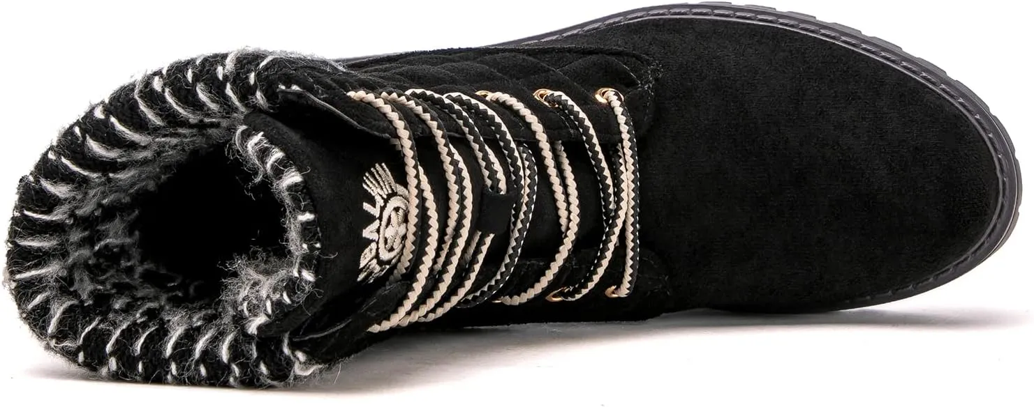 GLOBALWIN Women's Quilted Ankle Boots Fashion Combat Boots Lace Up Combat Boots Low Heel Warm Fur Ankle Booties For Women