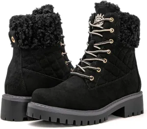 GLOBALWIN Women's Quilted Ankle Boots Fashion Combat Boots Lace Up Combat Boots Low Heel Warm Fur Ankle Booties For Women