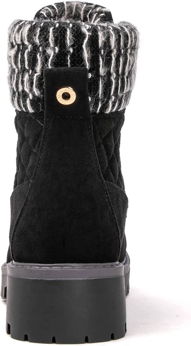 GLOBALWIN Women's Quilted Ankle Boots Fashion Combat Boots Lace Up Combat Boots Low Heel Warm Fur Ankle Booties For Women