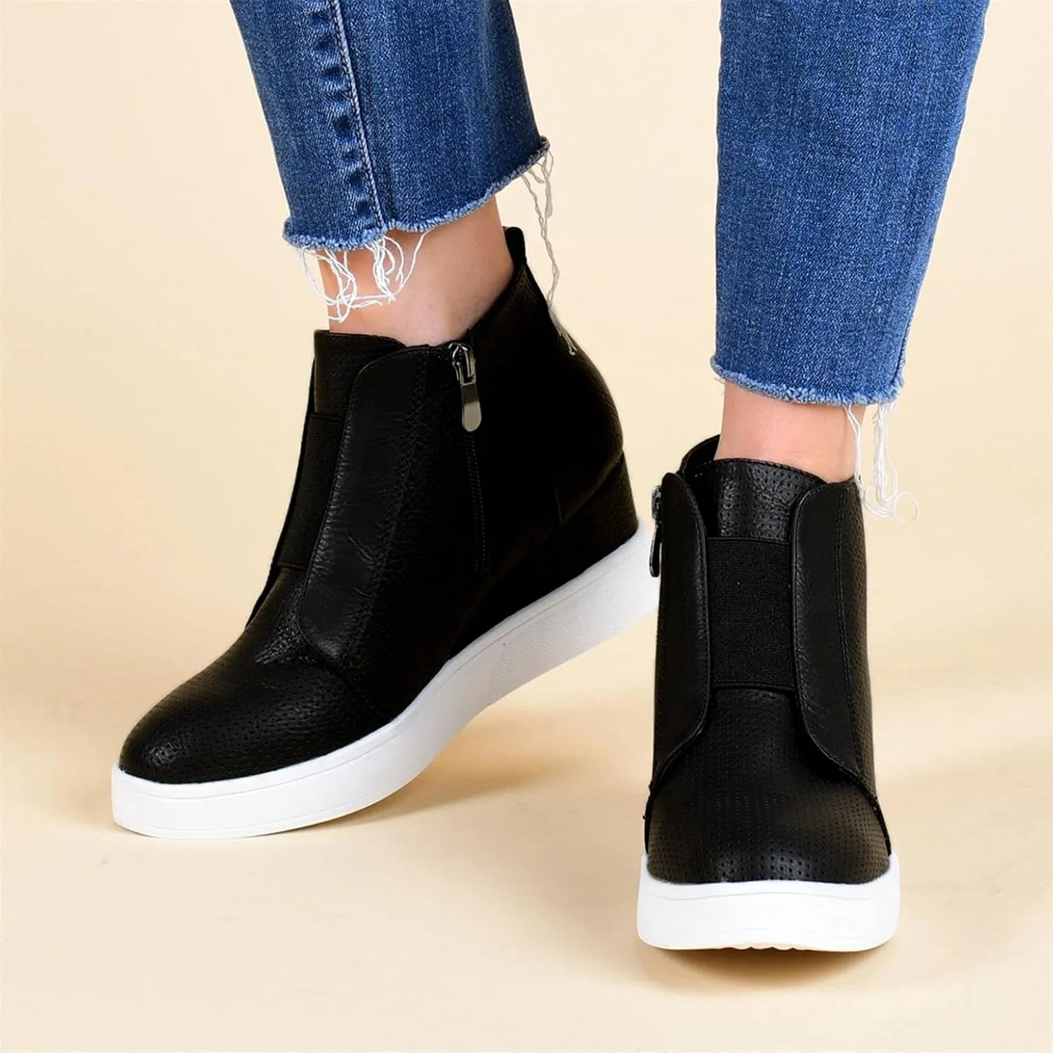Hbeylia Platform Fashion Sneakers For Women Fashion Hidden High Heels Ankle Booties With Zipper Casual Chunky Bottom High Top Canvas Shoes Slip On Loafer Fall Winter Walking Work Shoes For Ladies