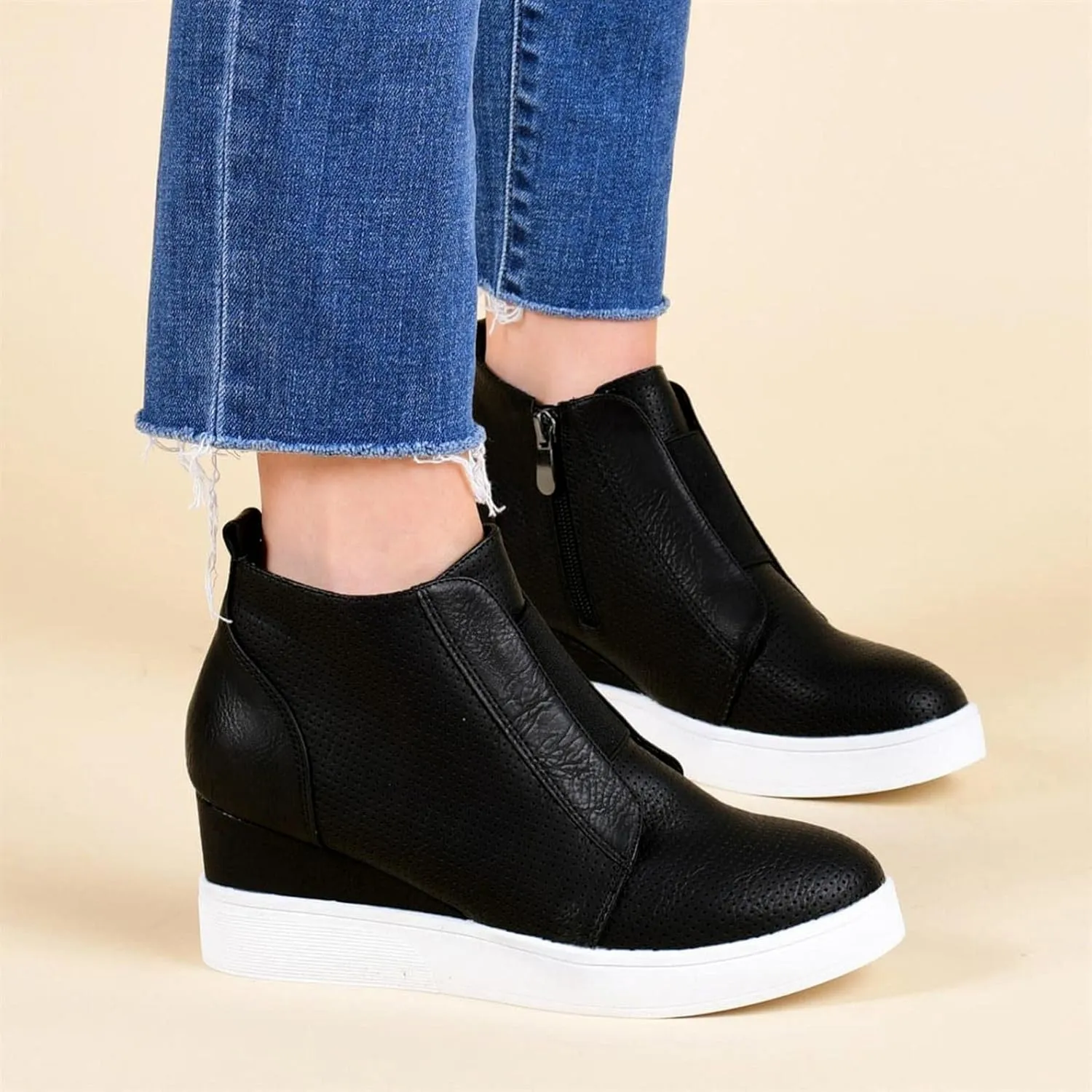 Hbeylia Platform Fashion Sneakers For Women Fashion Hidden High Heels Ankle Booties With Zipper Casual Chunky Bottom High Top Canvas Shoes Slip On Loafer Fall Winter Walking Work Shoes For Ladies