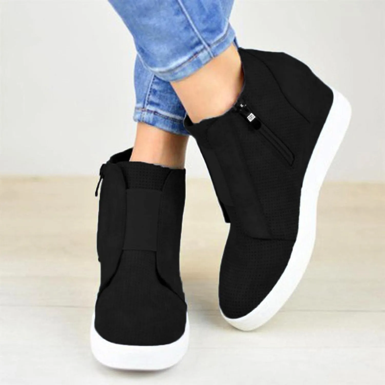 Hbeylia Platform Fashion Sneakers For Women Fashion Hidden High Heels Ankle Booties With Zipper Casual Chunky Bottom High Top Canvas Shoes Slip On Loafer Fall Winter Walking Work Shoes For Ladies