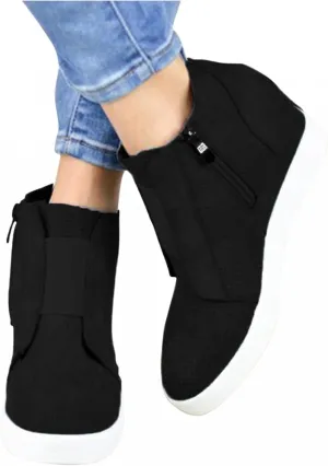 Hbeylia Platform Fashion Sneakers For Women Fashion Hidden High Heels Ankle Booties With Zipper Casual Chunky Bottom High Top Canvas Shoes Slip On Loafer Fall Winter Walking Work Shoes For Ladies