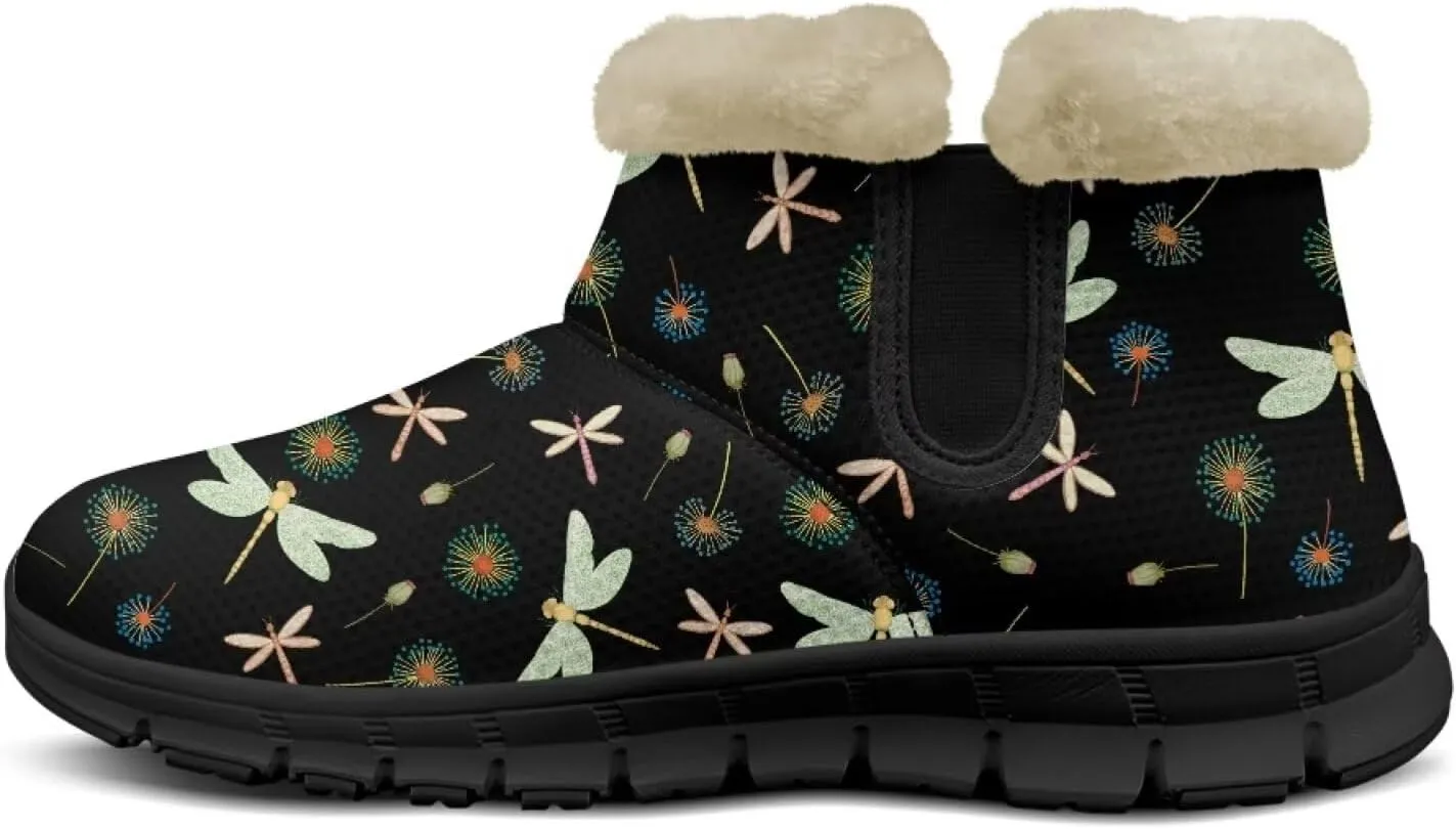 Jeiento Beauty Dragonfly Snow Boots for Women Flower Fuzzy Ankle Booties Hiking Boots Non Slip