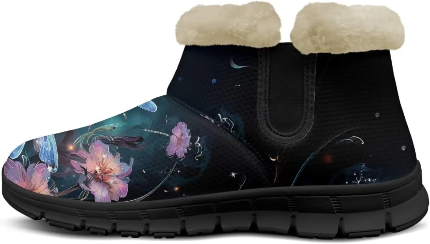 Jeiento Beauty Dragonfly Snow Boots for Women Flower Fuzzy Ankle Booties Hiking Boots Non Slip