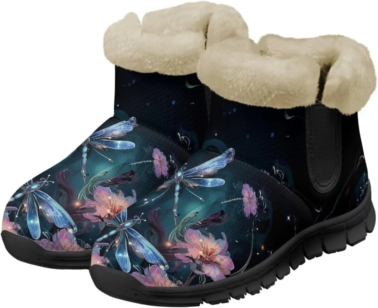 Jeiento Beauty Dragonfly Snow Boots for Women Flower Fuzzy Ankle Booties Hiking Boots Non Slip