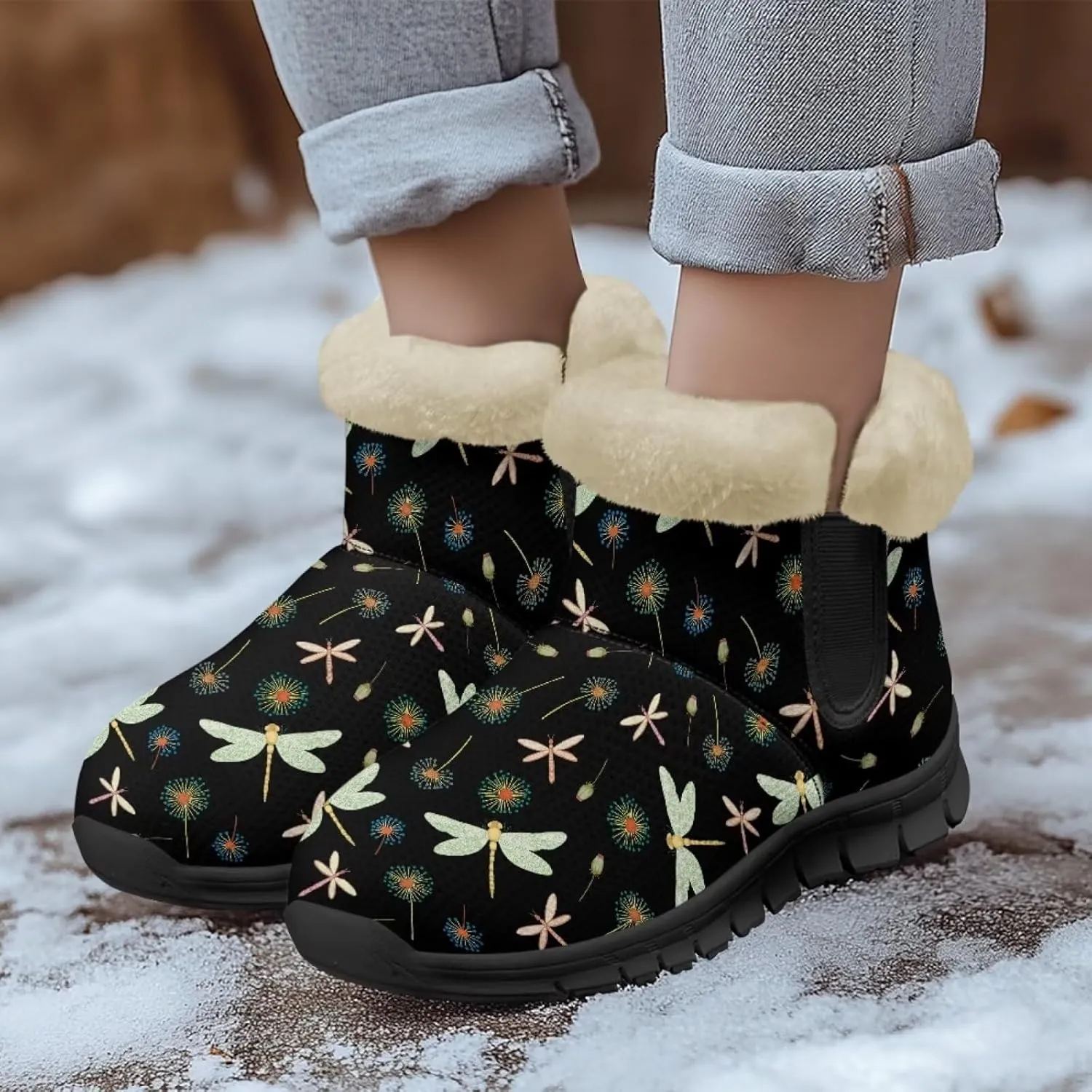 Jeiento Beauty Dragonfly Snow Boots for Women Flower Fuzzy Ankle Booties Hiking Boots Non Slip