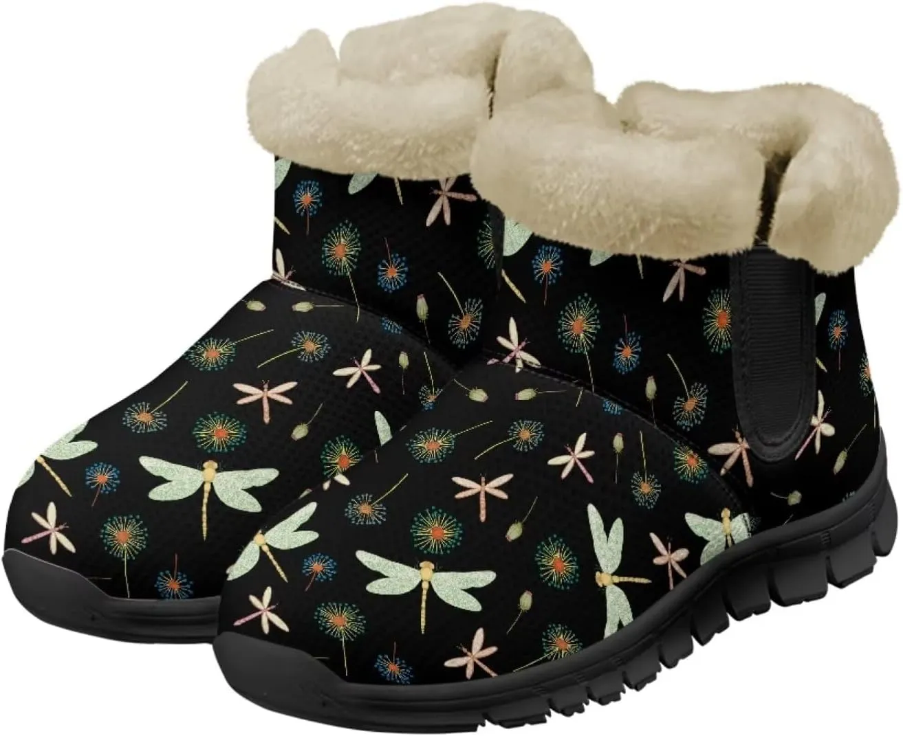 Jeiento Beauty Dragonfly Snow Boots for Women Flower Fuzzy Ankle Booties Hiking Boots Non Slip