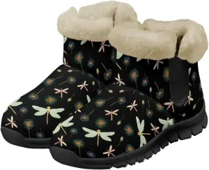 Jeiento Beauty Dragonfly Snow Boots for Women Flower Fuzzy Ankle Booties Hiking Boots Non Slip