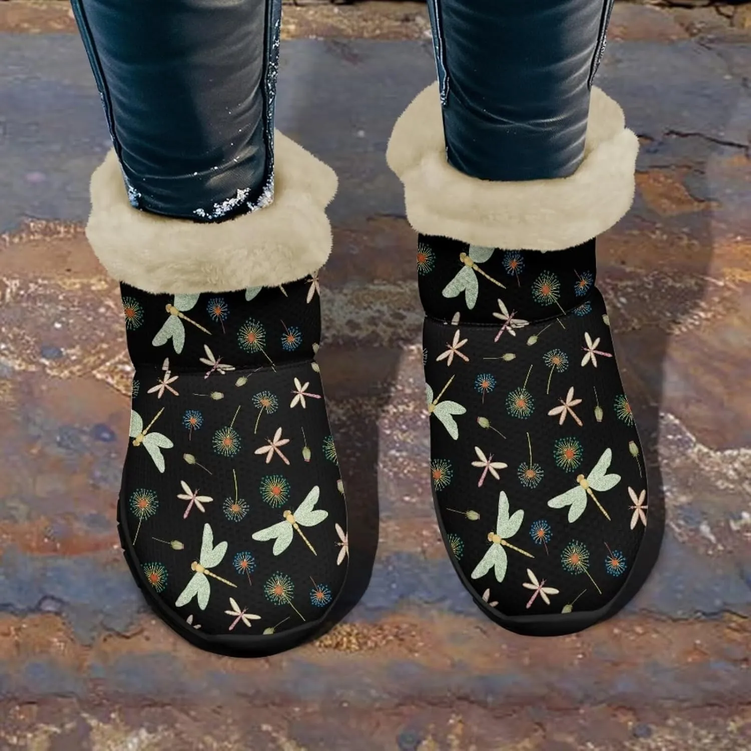 Jeiento Beauty Dragonfly Snow Boots for Women Flower Fuzzy Ankle Booties Hiking Boots Non Slip
