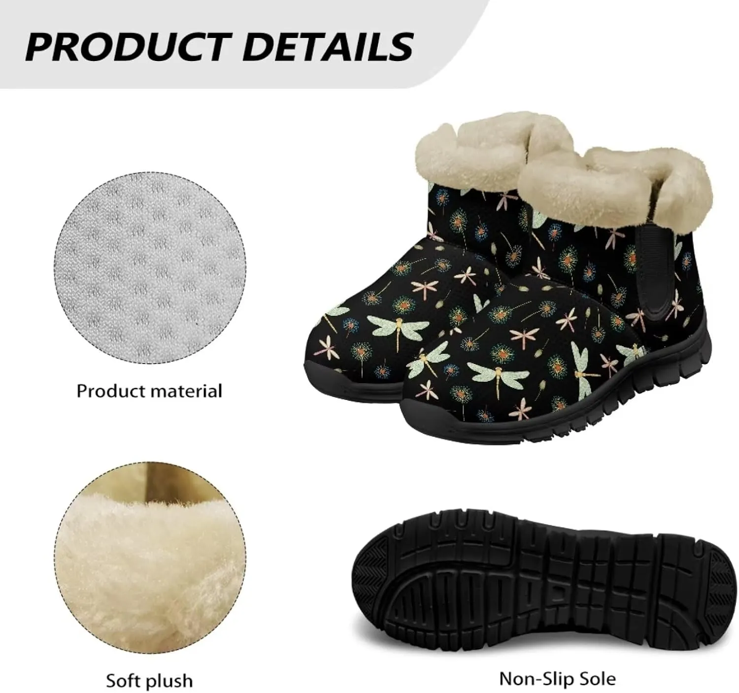 Jeiento Beauty Dragonfly Snow Boots for Women Flower Fuzzy Ankle Booties Hiking Boots Non Slip