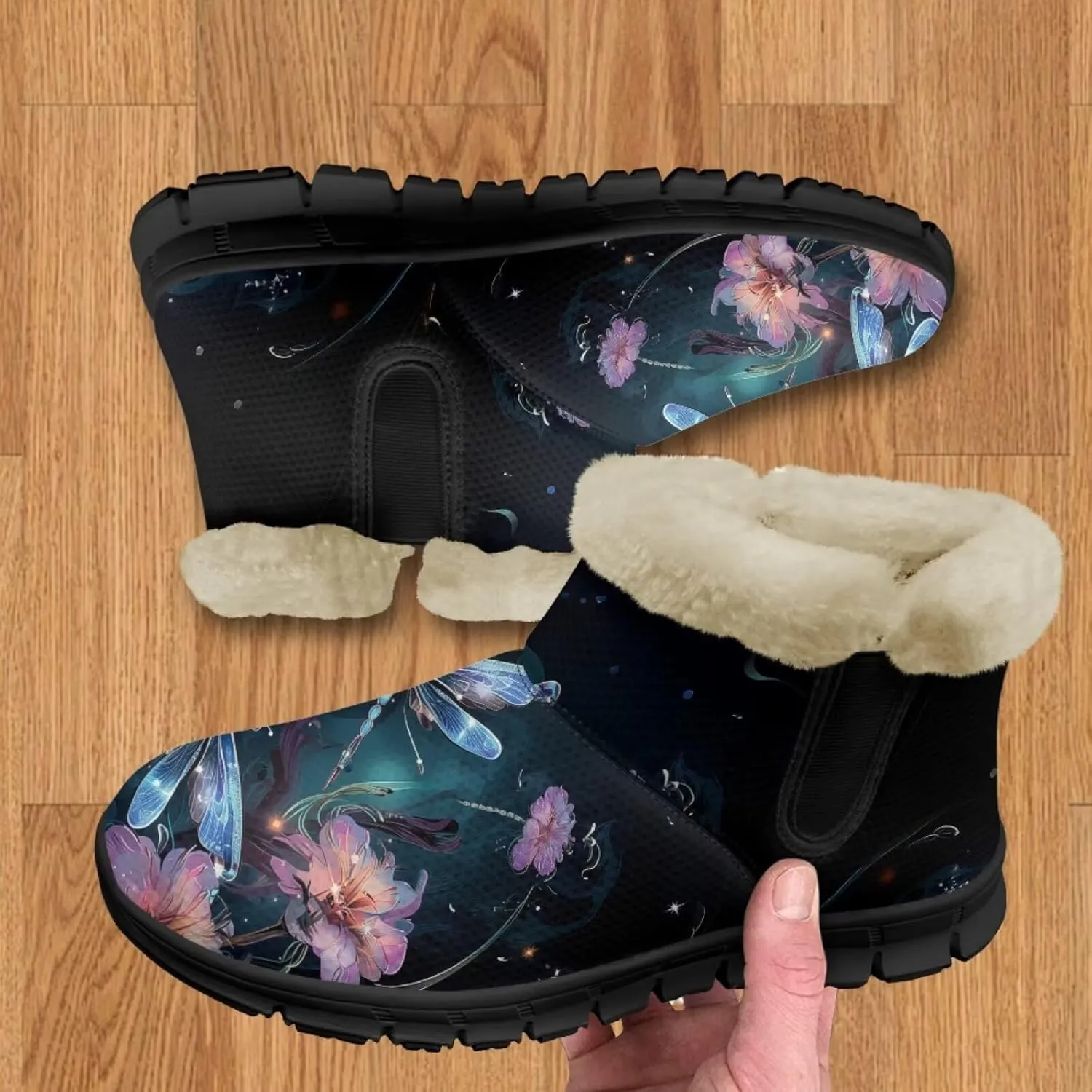 Jeiento Beauty Dragonfly Snow Boots for Women Flower Fuzzy Ankle Booties Hiking Boots Non Slip