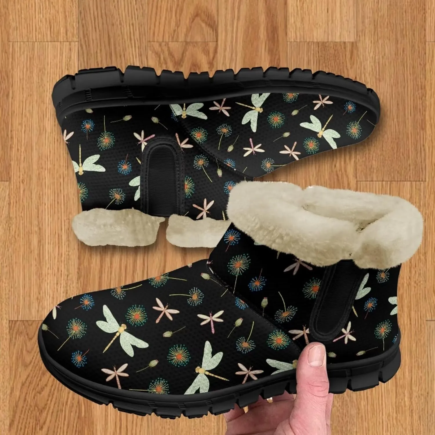 Jeiento Beauty Dragonfly Snow Boots for Women Flower Fuzzy Ankle Booties Hiking Boots Non Slip