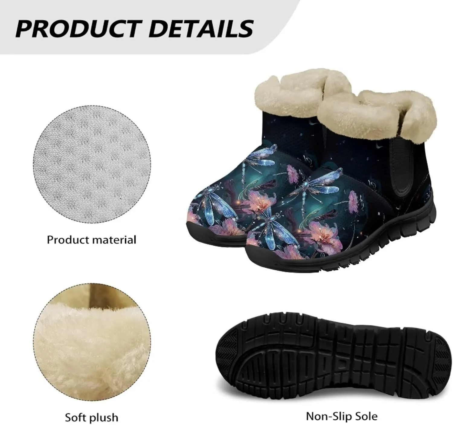 Jeiento Beauty Dragonfly Snow Boots for Women Flower Fuzzy Ankle Booties Hiking Boots Non Slip