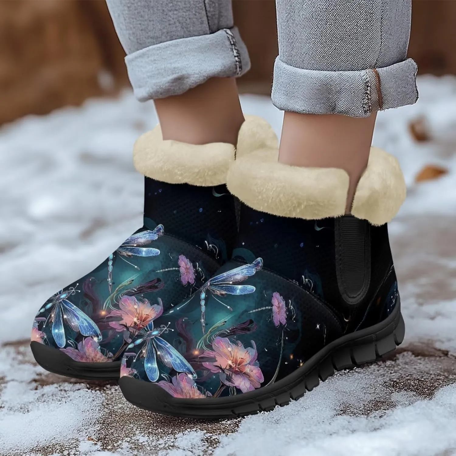 Jeiento Beauty Dragonfly Snow Boots for Women Flower Fuzzy Ankle Booties Hiking Boots Non Slip