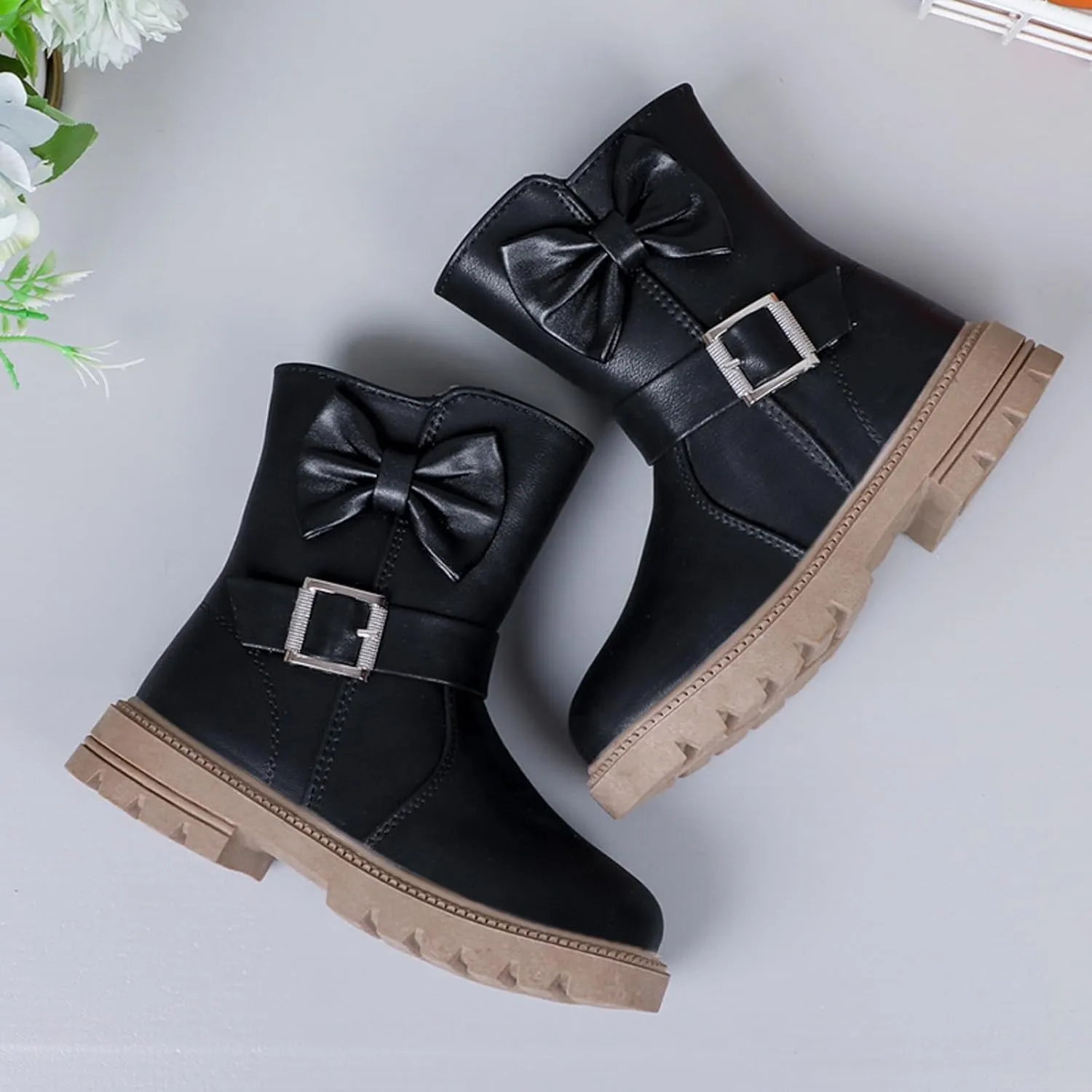 Little Girls Boots Cute Bowknot Dress Boots Anti Slip Low Heel Boots Fashion Comfortable Motorcycle Riding Boots