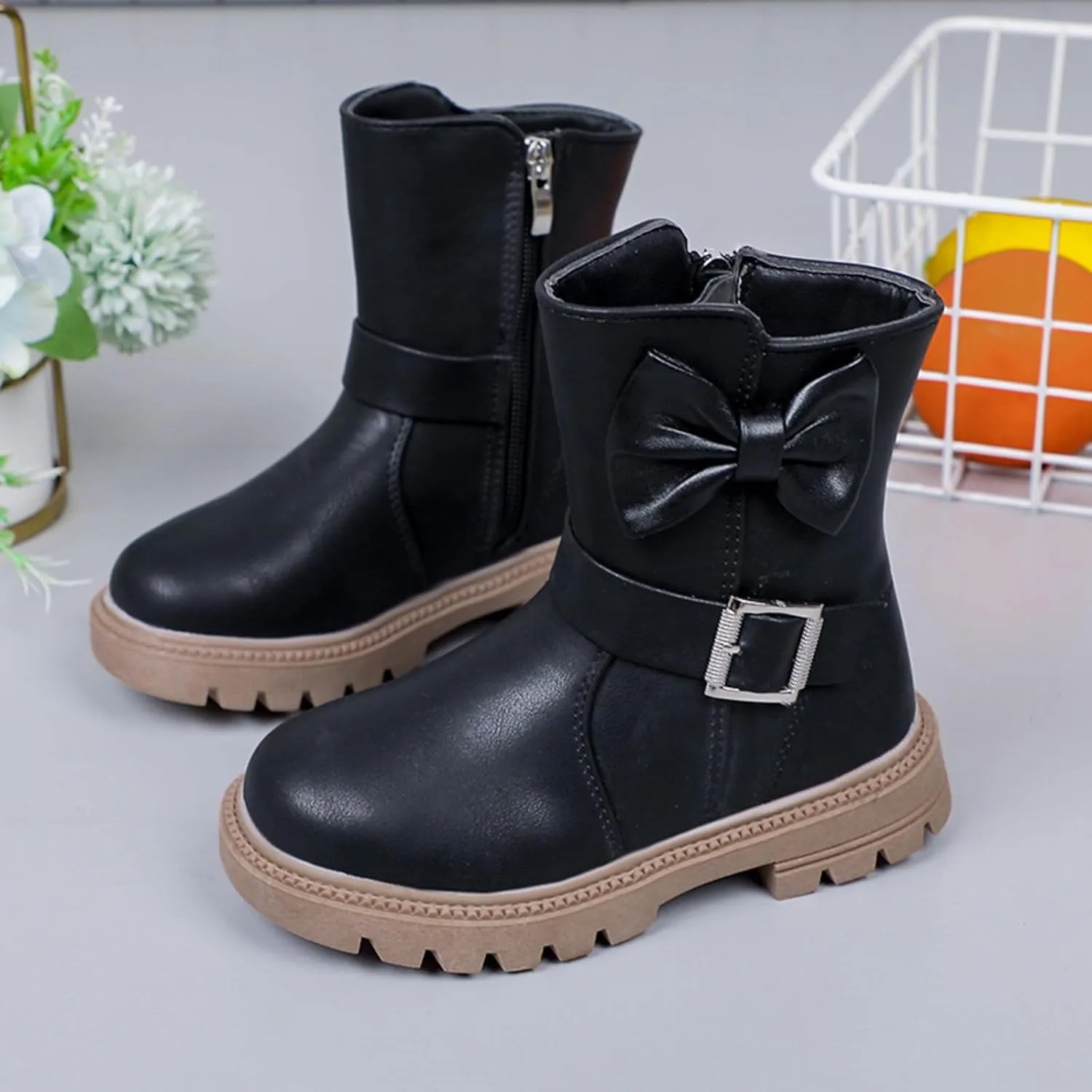Little Girls Boots Cute Bowknot Dress Boots Anti Slip Low Heel Boots Fashion Comfortable Motorcycle Riding Boots